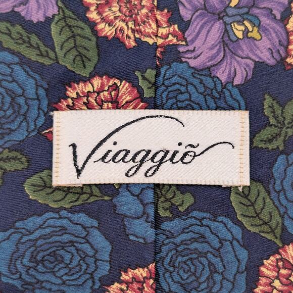 Vintage Viaggio Tie Silk Twill Bold Floral Tapestry Inspired Navy Purple Red 90s - Picture 2 of 9